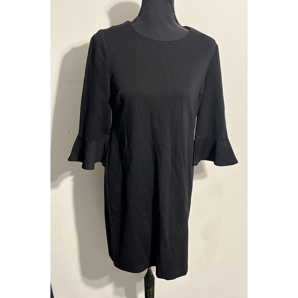 Chicos Ponte Bell‎ Sleeve Dress Womens 0 Petite Black Short Shift LBD Cocktail